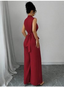 Resim Efnaz Style Kadın Balıkçı Yaka Kolsuz Incili Beli Kuşaklı Uzun Janjan Tulum Kırmızı 