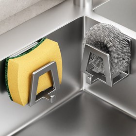 Resim Çağdaş Metal Lavabo Depolama Kancası Kendinden Yapışkan Özellik ile - Mutfak Organizer Sabun ve Sünger için - Karbon Çeliği Duvar Monte Raf Lavabo Dekorasyonu, Alan Verimli ve Basit Temizlik 