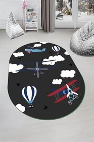 Resim Dijital Baskılı Kaymaz Taban Yıkanabilir Bulut Uçak Desenli Oval Çocuk Odası Halısı O-ÇOCUK-23, Antrasit, 60 x 150 