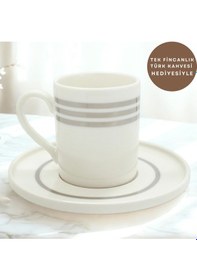 Resim Üçlü Gümüş Çizgili 6 Kişilik Porselen Kahve Fincan Takımı Altın 
