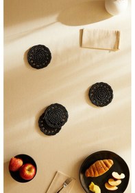 Resim Ocean Home Textile 4'lü Siyah Renk Motifli Rafya Bardak Altlığı Ø 11 cm 