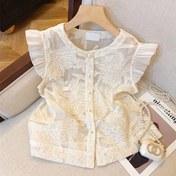 Resim Şık ve Zarif Minimalist Yarı Şeffaf Üç Boyutlu Çiçek Desenli Pilili Fırfır Kollu Yuvarlak Yaka Açık Ön İki Ton Düğmeli Yarım Kol Kadın Gömlek, Yazlık Giyim 