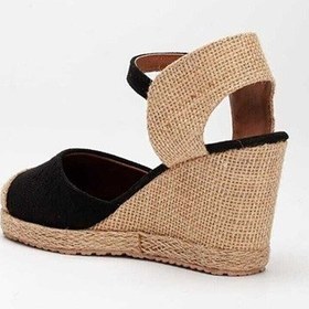 Resim Gerçek Elişi Keten Hasır Espadril Siyah Burnu Hasırlı Arkası Açık Dolgu Topuk Handmade Siyah 