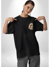 Resim Cool Yakışıklı Kapüşonlu Spor Kaplan Siyah Oversize Unisex Ön Sol Yan Minimal Baskılı Tişört Koyu Siyah 