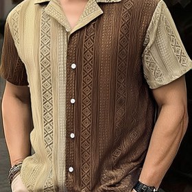 Resim Erkekler için rahat yazlık kısa kollu düğmeli gömlek, hafif polyester, renk bloğu tasarımı, makinede yıkanabilir, rahat kıyafetler için mükemmel, yazlık rahat giyim | Düğmeli Gömlek | Nonstretch Fabri 
