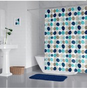 Resim Renkli Noktalı Banyo Perdesi, Turkuaz Renk Küvet Perdesi 