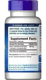 Resim Puritan's Pride Acetyl L-Carnitine Hcl 500 mg 60 Caps 