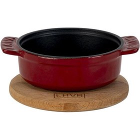 Resim Lava Döküm Yuvarlak Güveç Kabı Döküm Demir Yekpare Çift Kulplu Kayın Servis Ahşabı Çap Ø 11cm.-bordo Bordo 