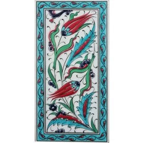 Resim Armada Çini 10x20 Cm ED 227 Turkuaz Çerçeveli iki Lale El dekoru Karo 