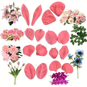 Resim 8 Adet Silikon Çiçek Damgalama Kalıpları - Kek Süsleme İçin BPA İçermeyen Fondan ve Sakız Hamuru Kalıpları - Gül, Zambak, Orkide, Lale, Hibiskus ve Yaprak Şekillerini İçeren Çiçek Tasarımı Yapımı İçin 