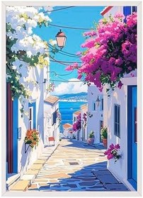 Resim Zestia Beyaz Çerçeveli Tablo, Yunan Adası Sokak Manzarası, Balkon Dekoru Poster No: 111245 15 x 21 