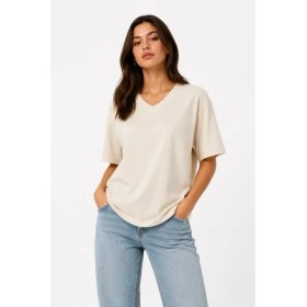 Resim Passense V Yaka Basic Tişört Kısa Kol Yazlık Regular Fit T-Shirt - Bej 