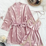 Resim Düz Saten Pijama Takımı, Kemerli Uzun Kollu Bornoz ve Kontrast Dantel V Yaka Slip Elbise, Kadın Pijama ve Ev Giyimi 