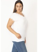 Resim Kadın Beyaz Büyük Beden Pamuklu Kumaş V Yakalı Dantel Detaylı Düşük Kollu Bluz-beyaz Beyaz 