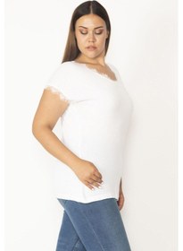 Resim Kadın Beyaz Büyük Beden Pamuklu Kumaş V Yakalı Dantel Detaylı Düşük Kollu Bluz-beyaz Beyaz 