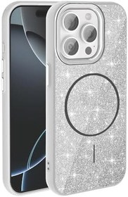 Resim Apple iPhone 15 Pro Max için Magsafe ile uyumlu Kılıf Parlak Simli Shinig Okso Kapak Beyaz 