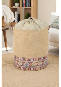 Resim İronika Jüt Garni Detaylı Büzgülü Sepet Oyuncak Çamaşır Havlu Sepeti Yuvarlak Temiz Kirli Çamaşır Sepeti Kahverengi 