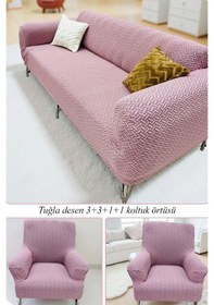 Resim StarMall Tuğla Desen Koltuk Örtüsü Çekyat Kılıfı 3311 Takım a Pembe 