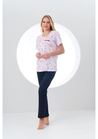 Resim Pjs Kadın Desenli Önden Düğmeli Kısa Kollu Pijama Takım Beyaz 