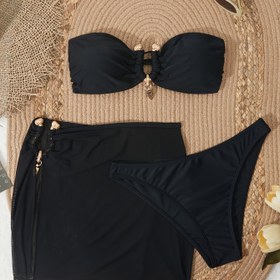 Resim En son moda ve şık sıcak su tatili bikini plaj mayo ve tül etek üç parçalı set 