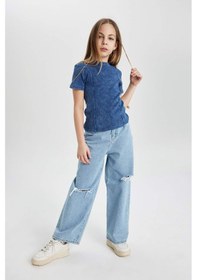 Resim DeFacto Kız Çocuk Slim Fit Dar Kesim Bisiklet Yaka Fitilli Kaşkorse Kısa Kollu Tişört C3187A824SMBE341 Mavi 