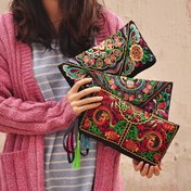 Resim Bohemian Nakışlı Polyester Kavanoz, Kadın Retro Etnik Kelebek Çiçek El Çantası, Katlanabilir Fermuar Kapanışı Sabit Omuz Askıları ile, Durum Temalı Kol Saati Para Cüzdanı 