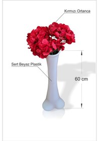 Resim Kaliteli Düz Beyaz Konik 60 Cm Vazo Büyük Kırmızı Ortanca Çiçek 