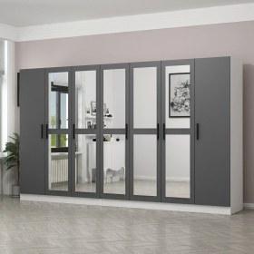 Resim Minar Kale 7 Kapaklı 5 Aynalı 4 Çekmeceli Dolap Beyaz Antrasit 190 cm 