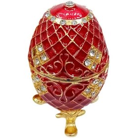 Resim Faberge Yumurta Swarovski Taşlı Lüks Mücevher Kutusu Kırmızı 10cm 