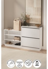 Resim Düşer Kapak Ayakkabılık 2 Kapaklı 5 Bölmeli Kayar Raflı Ayakkabılık Serap Beyaz Beyaz 