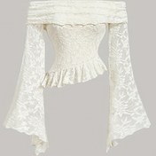 Resim Kadınların omuzları açık dantelli bluzu, volanlı hem ve çan kollu, portakal rengi vintage tarzı, seksi günlük parti üstü, polyester %95.0, elastan %5.0, tüm mevsimler için giyilebilir 