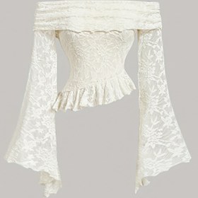 Resim Kadınların omuzları açık dantelli bluzu, volanlı hem ve çan kollu, portakal rengi vintage tarzı, seksi günlük parti üstü, polyester %95.0, elastan %5.0, tüm mevsimler için giyilebilir 