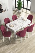 Resim Canisa Rio Serisi 80x132 Açılabilir Mdf Mutfak Masası Takımı Beyaz Mermer Desen Masa 6 Bordo Sandalye 