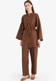 Resim DeFacto%100 Keten Straight Fit Beli Lastikli Cepli Pantolon 