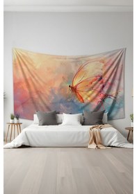 Resim Pastel Kelebek Desenli Duvar Halısı Duvar Örtüsü Tapestry Süet Dokulu Kumaş 