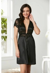 Resim Pierre Cardin Saten Dantelli Midi Sabahlık 1020 Siyah Çok Renkli 