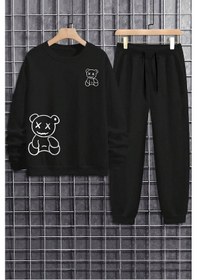 Resim Uyguntarz Unisex Draw Bear Baskılı Bisiklet Yaka Sweatshirt - 2'li Eşofman Takımı Siyah 