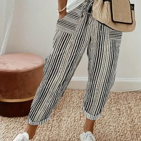 Resim Erkek Casual Çizgili Çekmece Pantolon - Siyah ve Beyaz, Elastik Bel, Çoklu Cep, Polyester, Bahar/Yaz/Sonbahar için Mükemmel, Casual Kıyafet|Çizgili Tasarım|Elastik Bel 