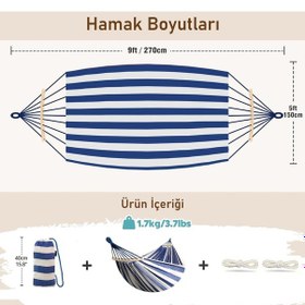 Resim Valkyrie 2 Kişilik Renkli Kanvas Hamak 260x150 Cm Taşıma Çantalı Ahşap Çubuklu Bahçe Kamp Hamağı Lacivert 
