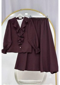 Resim Lovie Moda Fırfır Yaka Düğmeli Kol Büzgülü Etekli Takım Kahverengi 
