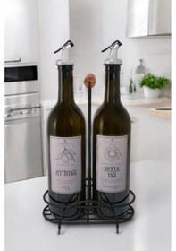 Resim Digithome Petra 2'li Siyah Metal Standlı Ahşap Saplı Yağdanlık Seti Gümüş Etiketli Amber Yağlık 750 Ml Siyah 
