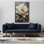 Resim Yağlı Boya Dokulu Tablo Mavi Fonda Beyaz Altın Çiçek Altın Çerçeveli U02053-178906 