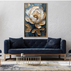 Resim Yağlı Boya Dokulu Tablo Mavi Fonda Beyaz Altın Çiçek Altın Çerçeveli U02053-178906 