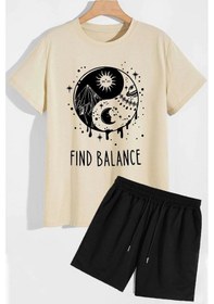 Resim Ying Yang Şort T-shirt Eşofman Takımı Bej 