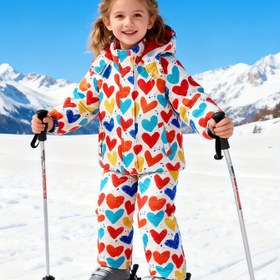 Resim Modaya Uygun Kalp Baskılı, Kapüşonlu, Dolgulu Ceket ve Önlük Pantolonlu, Parlak Renkli Kız Çocuk Kayak Kıyafeti Seti, Yumuşak ve Rahat Kumaş, Şirin Sonbahar Kışlık Sıcak Tutacak Kayak ve Açık Hava Eğlencesi Kıyafeti, Kız Çocuk Kar Kıyafeti 