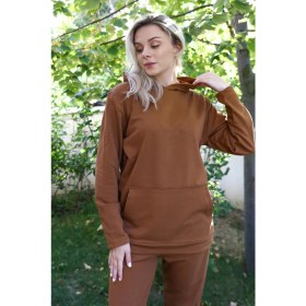 Resim Moda Kadın Pamuk Kapşonlu Cepli 3 Iplik Kahve Eşofman Takım Beruflic 