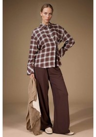 Resim Defacto Straight Wide Düz Paça Krep Pantolon G1120ax25aubn539 Kahve 