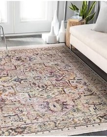 Resim RealHomes Krem Zemin Uşak Motifli Geleneksel Desenli Avangarde Eskitme Motifli Salon Kaymaz Taban Saçaklı Halı HaliDik-Deluxe-11126, 150 x 300 