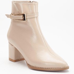 Resim Bej Kadın Topuklu Bot Kırışık Rugan Sivri Kalıp Tan Tokalı-4231 Bej 