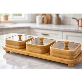 Resim 3'lü Standlı Bambu Çerezlik - Kapaklı Kahve Yanı Sunumluk Bambu Kase Kahvaltılık Sunum Kasesi Bambu 